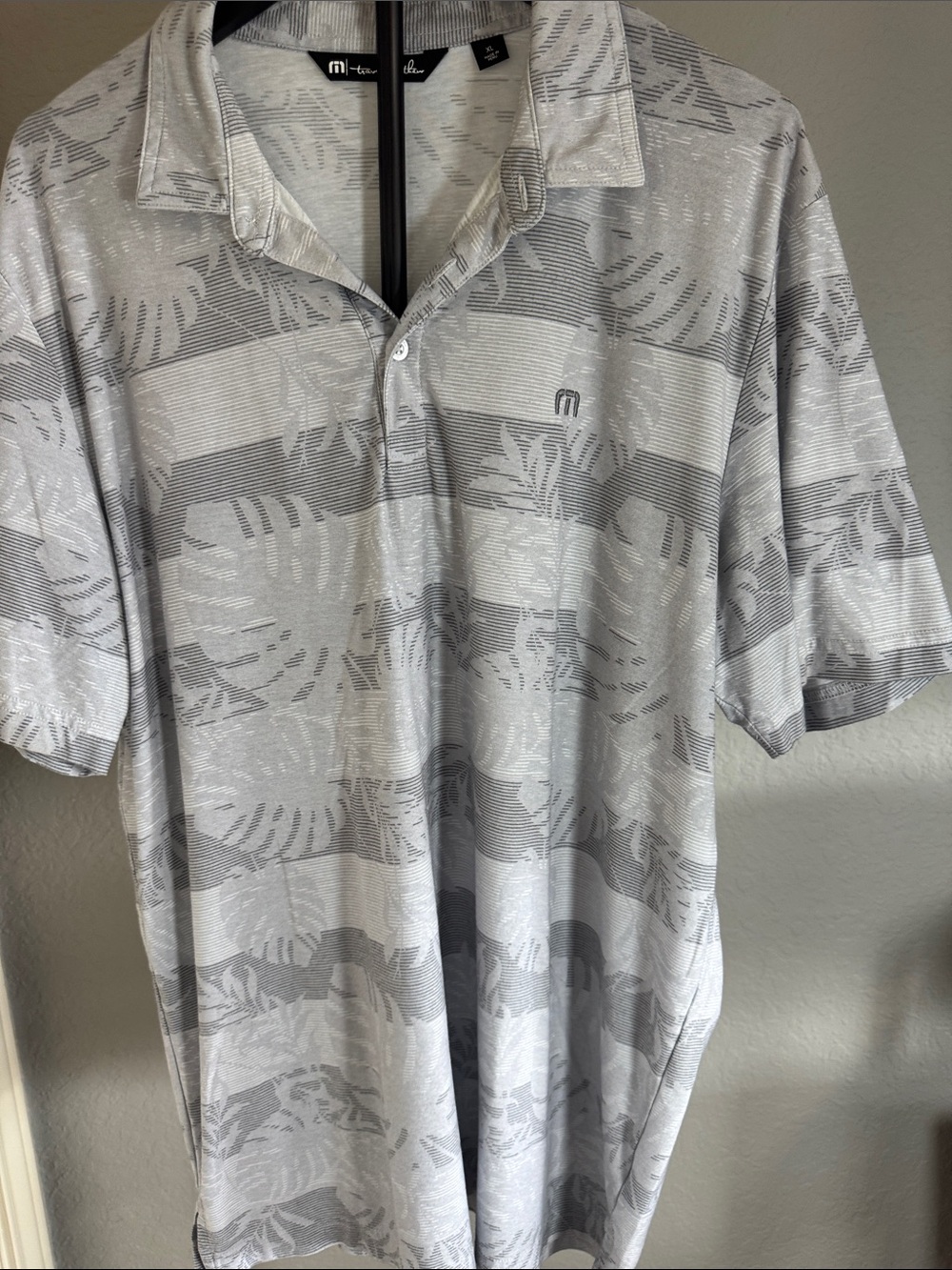 Travis Mathew Light Gray and Silver Leaf-Striped Polo